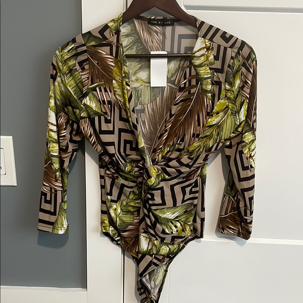 Black and Brown Graphic Bodysuit with Notched Collar and Tie Front